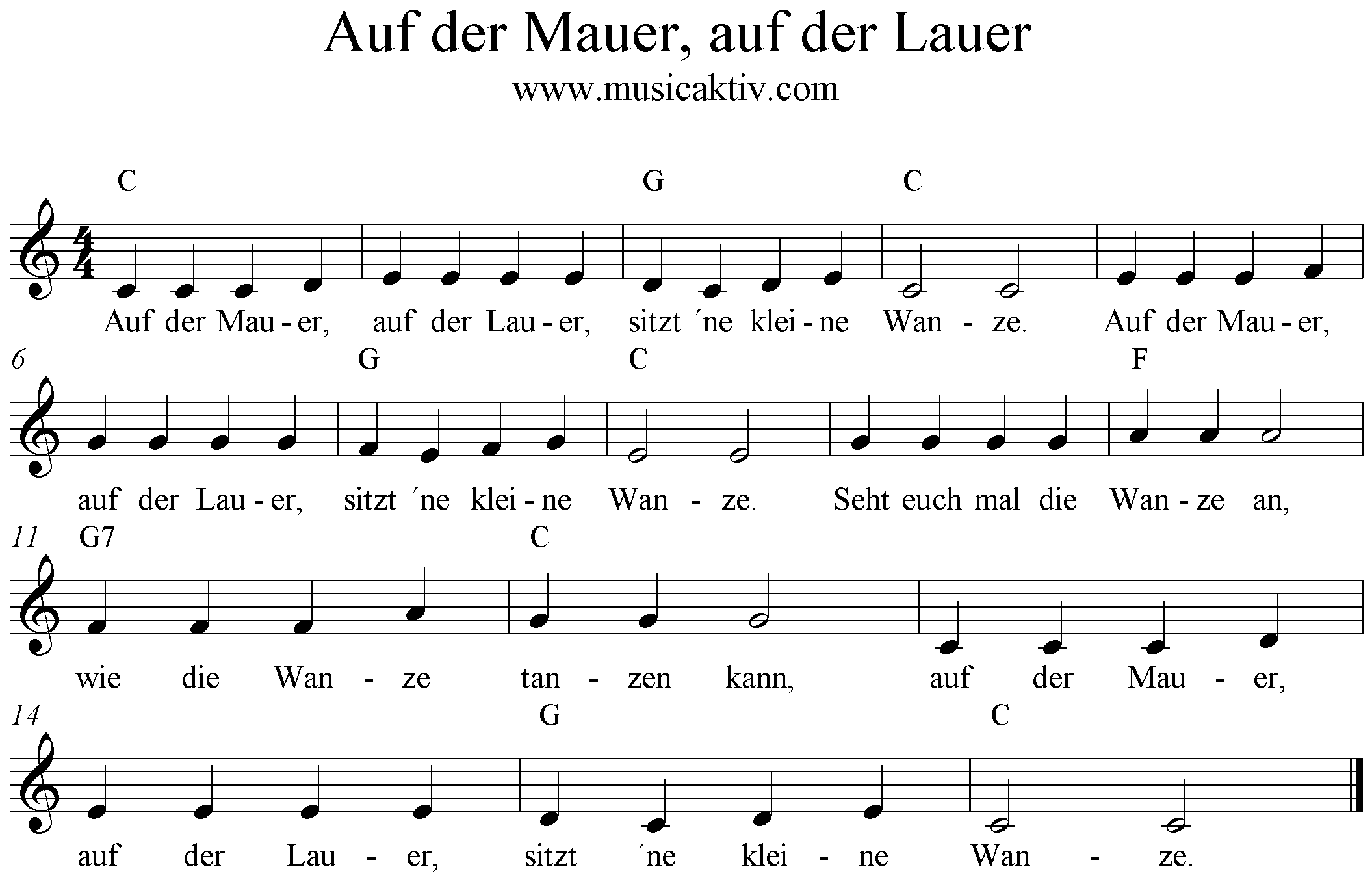 Noten Auf der Mauer auf der Lauer, Akkorde Text